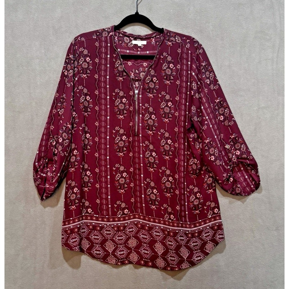 Maurices Womens XL Burgundy Floral Quarter Zip 3/4 Roll Tab Sleeve Blouse Top